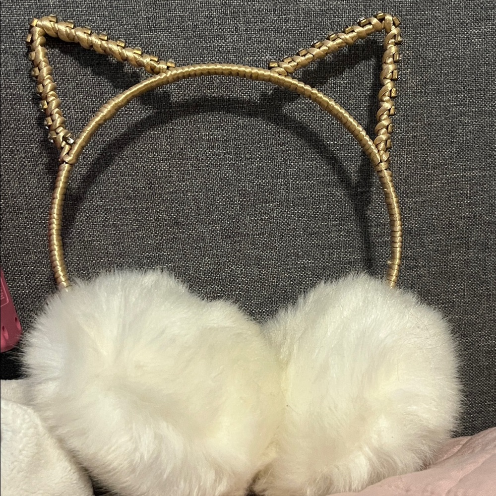 Gold and White Cat Ear Headband with Earmuffs